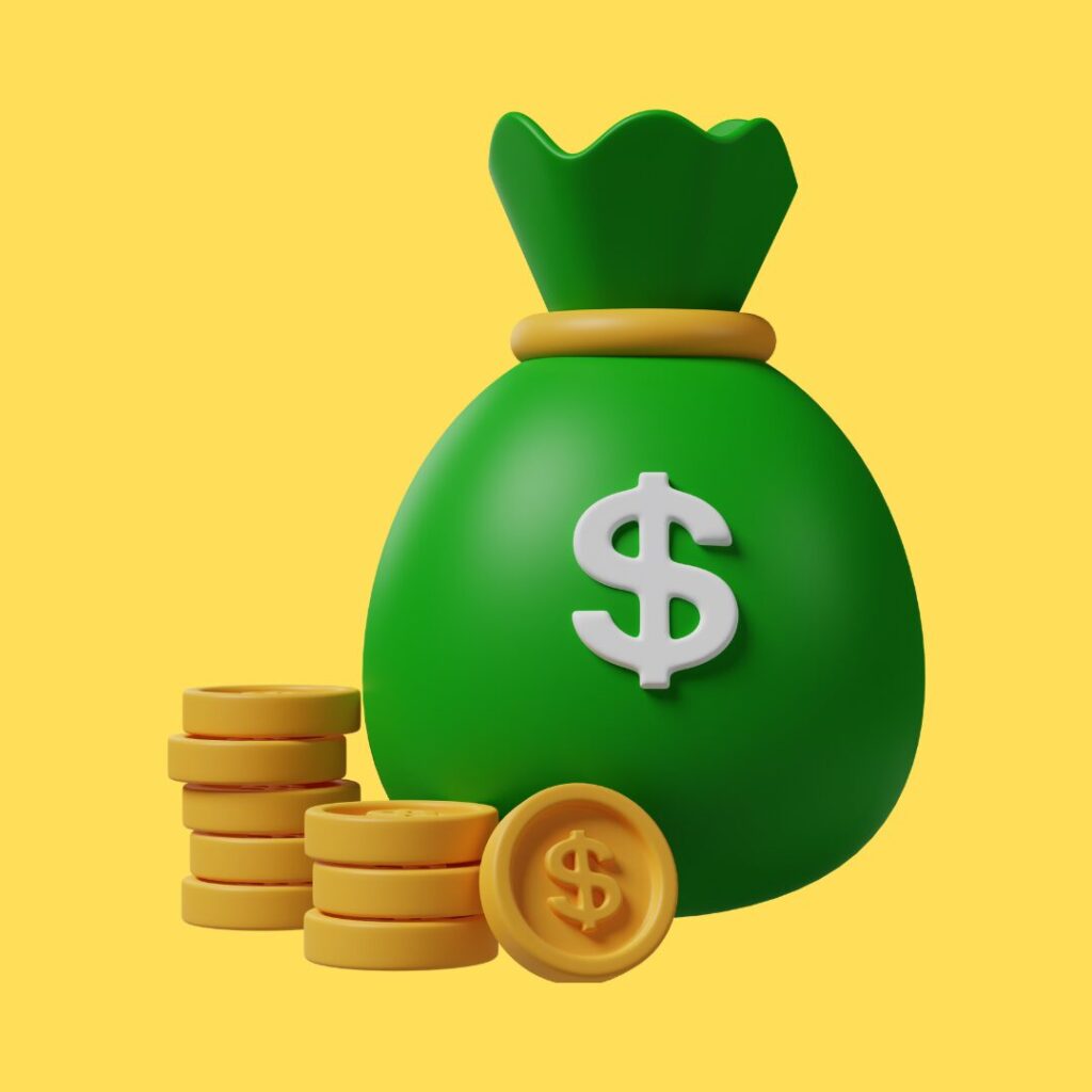 3D green money bag with gold coins on a yellow background, representing solar referral rewards.
